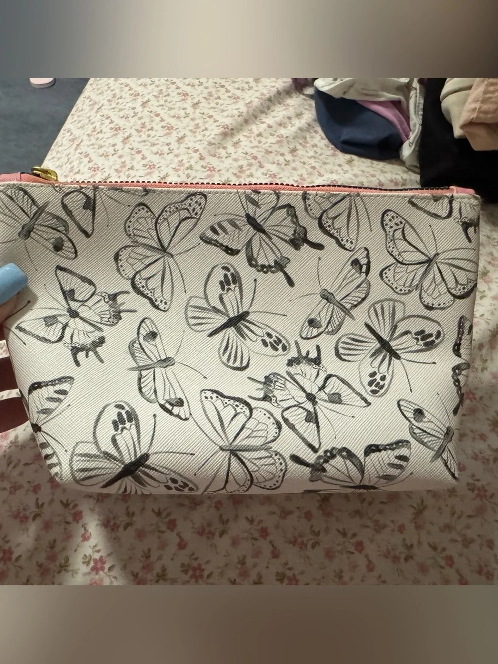 Butterfly Print Zip Cosmetic Pouch with Pink Trim